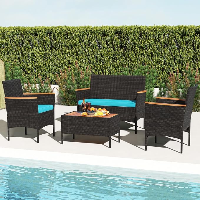 Tangkula 4 Pieces Patio Wicker Sofa Set, 2 Rattan Chairs & Loveseat w/Coffee Table, Acacia Wood Armrests & Tabletop, Outdoor Cushioned Conversation Set for Backyard, Poolside (Turquoise, 4 Pieces)