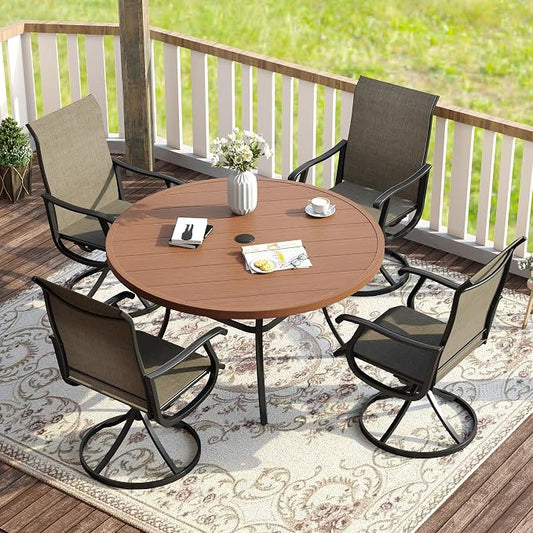 VICLLAX 5 Pieces Patio Dining Set, Outdoor Dining Set for 4-40.6" Round Patio Table and 4 Outdoor Swivel Chairs for Lawn Garden, Walnut Tabletop and Mixed Brown Fabric