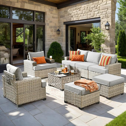8 Pcs Outdoor Sectional Patio Furniture Set with Ottomans - All Weather Wicker Modular Outside Sectional Couch,Patio Seating Outdoor Conversation Sets for Deck Yard Garden,Grey
