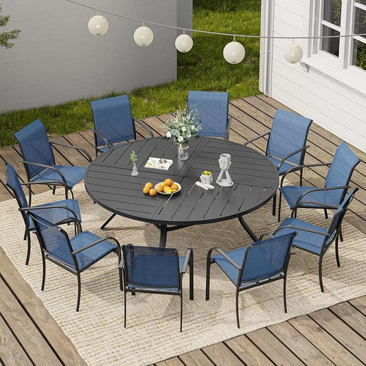 VICLLAX 11 Pieces Round Patio Dining Set, Patio Furniture Set of 10 Patio Stackable Dining Chairs and 63" Outdoor Spliced Tabletop with Umbrella Hole, Blue Chairs and Black Table