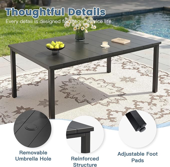 DIFY 7 Pieces Outdoor Dining Set, Metal Patio Table and Chairs Set for 6 with Umbrella Hole, 63" Black Rectangle Table and Dark Grey Textilene Swivel Patio Chairs for Garden, Backyard, Poolside
