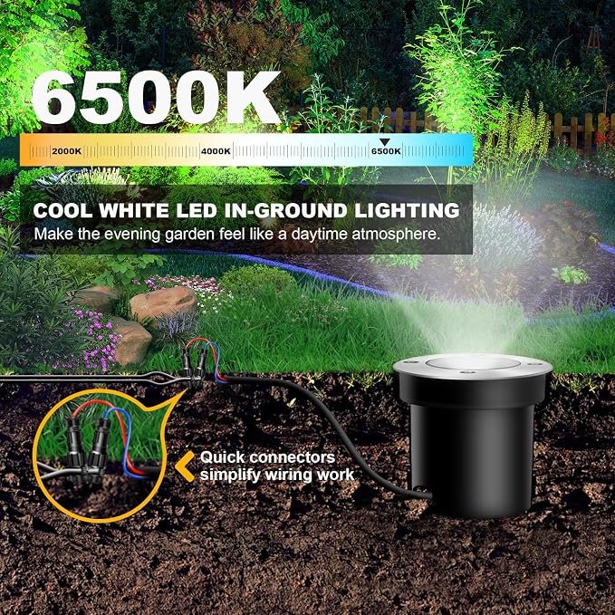 8Pack Low Voltage Landscape Lights with Connectors 3W LED 12-24V In-Ground Lights IP67 Waterproof Garden Lighting 6500K Outdoor Decorative Lights for Yard Pathway Patio (Cool White)