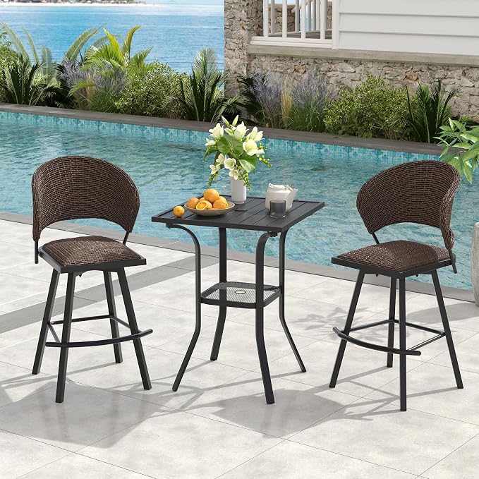 VICLLAX Patio Bar Height Table, Outdoor Square Bistro Table with Umbrella Hole, Metal Frame and Slat Design, Ideal for Patio Lawn Backyard Porch, Black