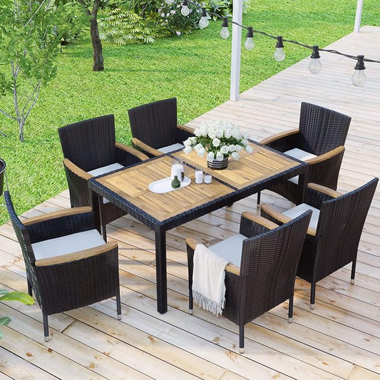 7-Piece Outdoor Patio Dining Set, Garden PE Rattan Wicker Dining Table and Chairs Set, Acacia Wood Tabletop, Stackable Armrest Chairs with Cushions (Brown ~009)