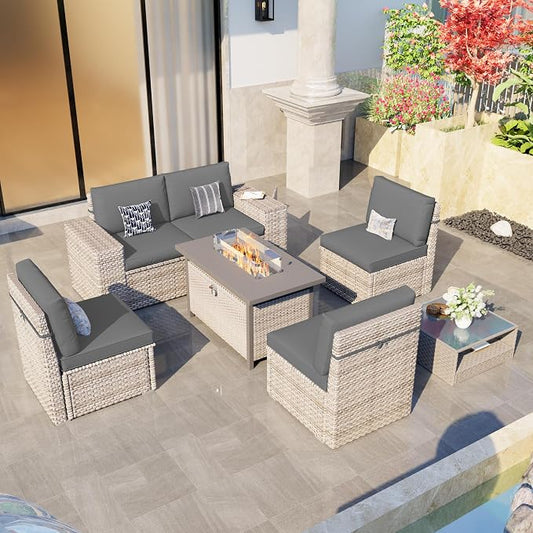 7-Piece Patio Furniture Set, Outdoor Patio Conversation Set with 60,000 BTU Fire Pit Table, PE Rattan Wicker Sectional Sofa with Large Capacity Seats, Widened Armrests, Extra High Backrest, Grey