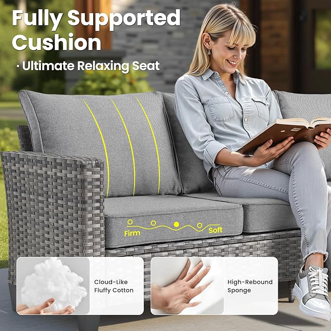 ovios 9 Pieces Patio Furniture Set with Square Fire Pit Table, Outdoor Swivel Rocking Chairs, High Back Wicker Rattan Conversation Set for Deck Porch, Dark Grey