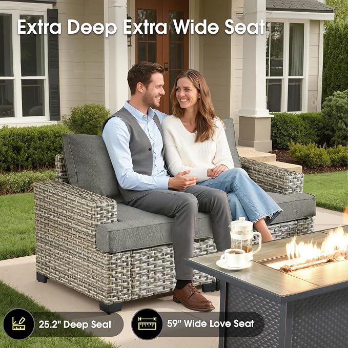 Outdoor Sectional Patio Furniture Set with Fire Pit,7 Pieces Rattan Conversation Sets,Out Door L Shaped Furniture with Glowing Coffee Table,Dark Grey