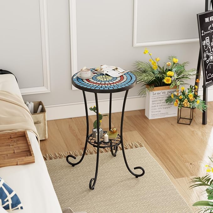 Christopher Knight Home Glady Outdoor Round Side Table, Patio End Table with Ceramic Top and Metal Frame, Small Decorative Accent Table for Patio Garden Porch Balcony, Mosaic
