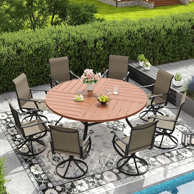 DIFY Patio Table and Chairs Set for 8, 9 Piece Outdoor Dining Set, 63" Walnut Round Metal Dining Table with Umbrella Hole and 8 Brown Textilene Swivel Patio Chairs, for Garden Backyard Deck
