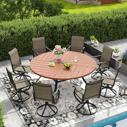 DIFY Patio Table and Chairs Set for 8, 9 Piece Outdoor Dining Set, 63" Walnut Round Metal Dining Table with Umbrella Hole and 8 Brown Textilene Swivel Patio Chairs, for Garden Backyard Deck