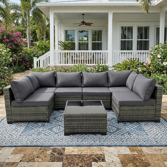 7-Piece Patio Furniture Set, Outdoor Wicker Conversation Sofa Set with Coffee Table & Extra Thick 8.5" Cushions, All-Weather Sectional for Backyard, Porch, Poolside (Gray, 7PCS)