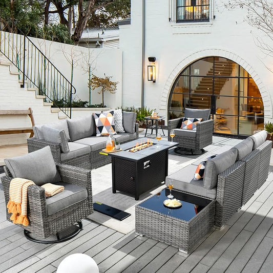 CAODOC 11 Piece Outdoor Patio Furniture Set with 42" Fire Pit Table, Wicker Sectional Conversation Set Whit Swivel Chairs,Modern Outside Sofa for Balcony Backyard(Dark Gray)