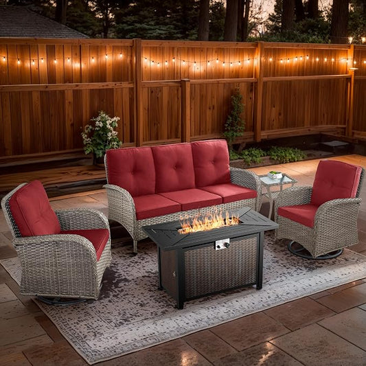 5 Piece Patio Furniture Set with Fire Pit Table - Wicker Patio Conversation Set with Swivel Glider, 3-Seat Sofa, Tempered Glass Side Table for Deck Backyard - Grey Wicker Red Cushion