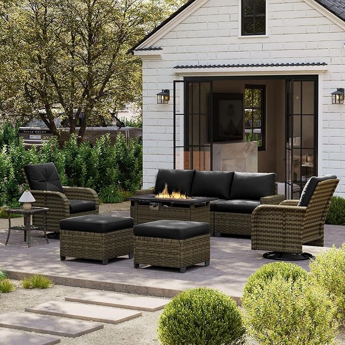 LET'S PATIO Luxury Patio Furniture Set with Fire Pit Table，9 Piece Outdoor Furniture Sectional Set with Swivel Rocker Chairs of 2，All-Weather Patio Sectional Sofas with Thickened Cushions, Black