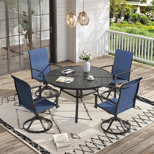VICLLAX Outdoor Table and Chairs Set of 4, Metal Patio Dining Set-40.7" Round Dining Table and 4 Swivel Chairs for Deck, Lawn and Garden, Black Table and Blue Chairs