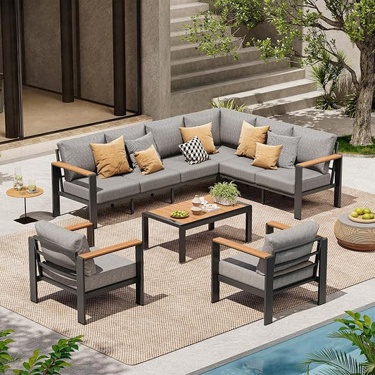 Aluminum Outdoor Patio Furniture Set, 8 Seats Patio Conversation Sets, Oversized Outdoor Sectional with Washable Thick Cushions & Coffee Table for Backyard, Garden and Poolside, Gray