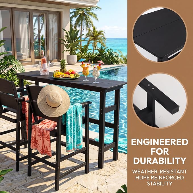 Outdoor Bar Table, HDPE Patio Pub Table, Weather-Resistant Tall Console Table for Backyard, Balcony & Garden, Durable All-Weather High Top Table, Easy Maintenance,Black