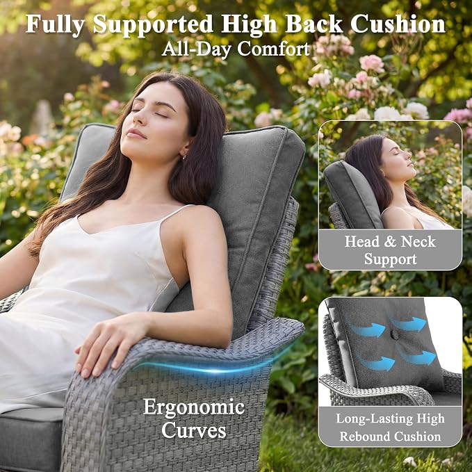 9 Piece Wicker Patio Furniture Set, Swivel Rocking Chairs with 4''Cushions, PE Rattan, Rust Resistant Frame, Double Layer Glass Side Table, for Backyard, Deck or Balcony, Black