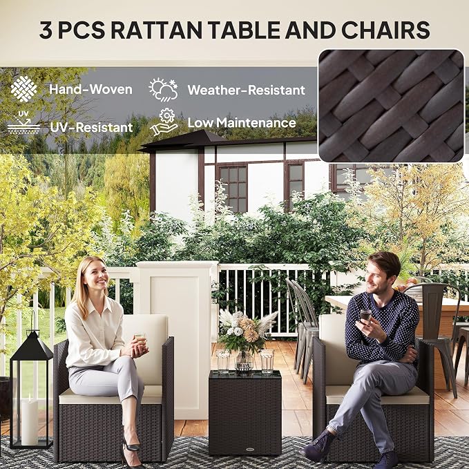 Outsunny 3 Piece Patio Furniture Set, Folding Outdoor Wicker Bistro Set with Washable Cushions, Adjustable Feet, and Glass Coffee Table, Easy Assembly for Garden, Balcony, Poolside, Backyard, Brown