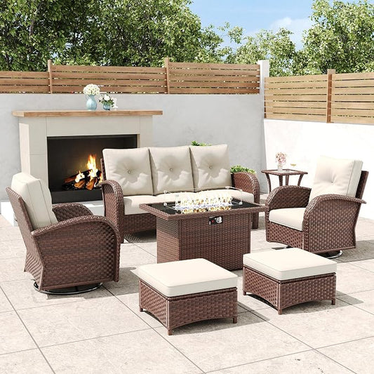 7 Pieces Outdoor Wicker Patio Swivel Rocking Chairs, All Weather Wicker Conversation Set with 44" Fire Pit Table