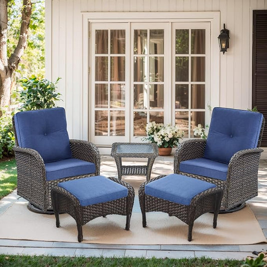 Outdoor Swivel Glider Rocker Chairs Set- 5 Piece Patio Furniture Set, Patio Bistro Sets with Tempered Glass Side Table and 2 Ottoman, for Balcony, Porch - Brown Wicker, Blue Cushion