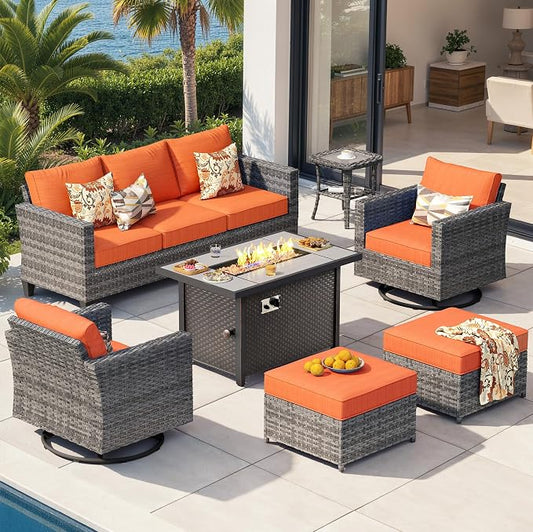 CAODOC 7-Piece Outdoor Wicker Patio Set with 7 Seats, Including 43" Fire Pit - Swivel Rocker Chairs and Conversation Set for Backyard or Lawn, Gray Rattan with Waterproof Red Cushions