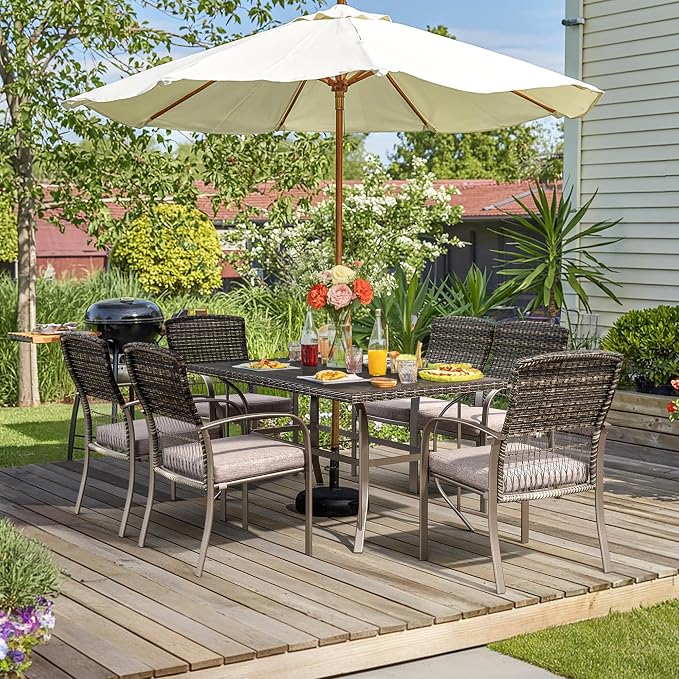 Pamapic 7-Piece Outdoor Dining Set, Grey Wicker Patio Furniture with Removable Cushions & Iron Slat Table, All-Weather Garden/Deck/Backyard Furniture Set (Grey)