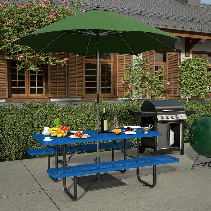 72'' Rectangular Metal Picnic Table with 1.73" Umbrella Hole, Heavy Duty Steel Mesh Table Set, Weather Resistant Sturdy Outdoor Furniture, for Patio, Garden, Courtyard & BBQ, Blue