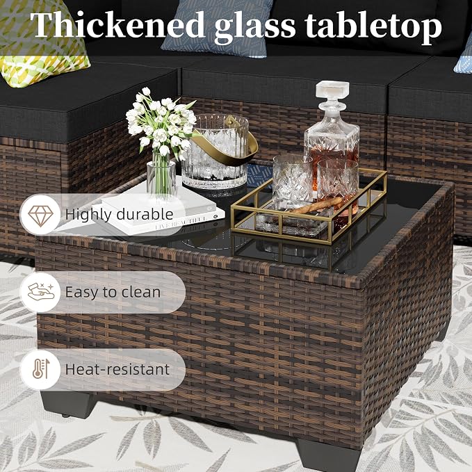 7 Pieces Patio Furniture Set - Outdoor Sectional Wicker Rattan Furniture, with Cushion and Glass Table, Patio Conversation Sets, for Porch, Poolside, Backyard, Outdoor Sofa Set