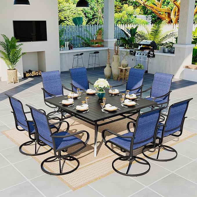 Sophia & William Patio Dining Set for 8, Metal Table w/Swivel Chairs, Blue | High-back & Padded, Square, Umbrella Hole, Durable Material, Ergonomic design, weather resistant, Outdoor backyard deck