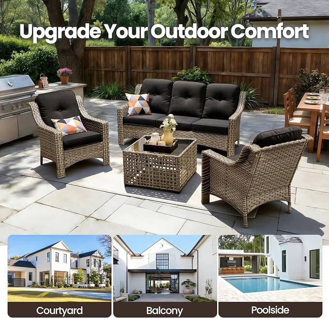 4 PCS Patio Conversation Set, All-Weather High Back Wicker Outdoor Patio Furniture Sets with Two Single Chairs, Solar Light Coffee Table,Outside Furniture for Porch Backyard Balcony,Black