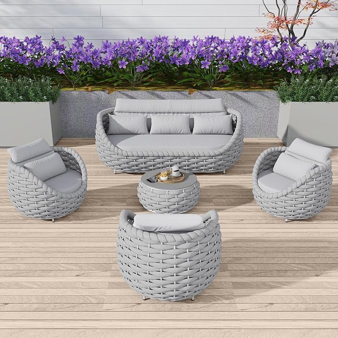 TWT 6-Piece Aluminum Patio Furniture Set, Modern Outdoor Conversation Set Sectional Sofa with Water Repellent Thick Cushions and Coffee Table for Balcony, Garden