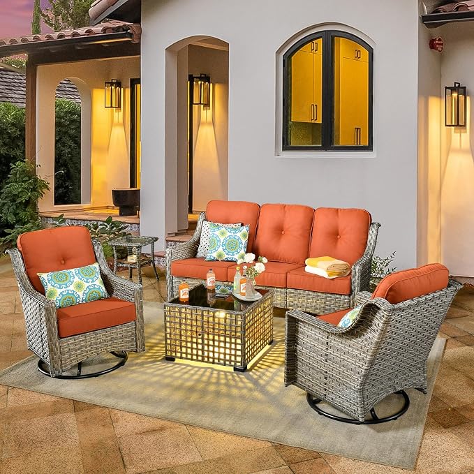 5 Pieces Patio Conversation Set,Wicker Swivel Rocking Chair and Coffee Table,All Weather Rattan Patio Furniture Set for Garden,Backyard,Poolside and Patio,Bold Orange