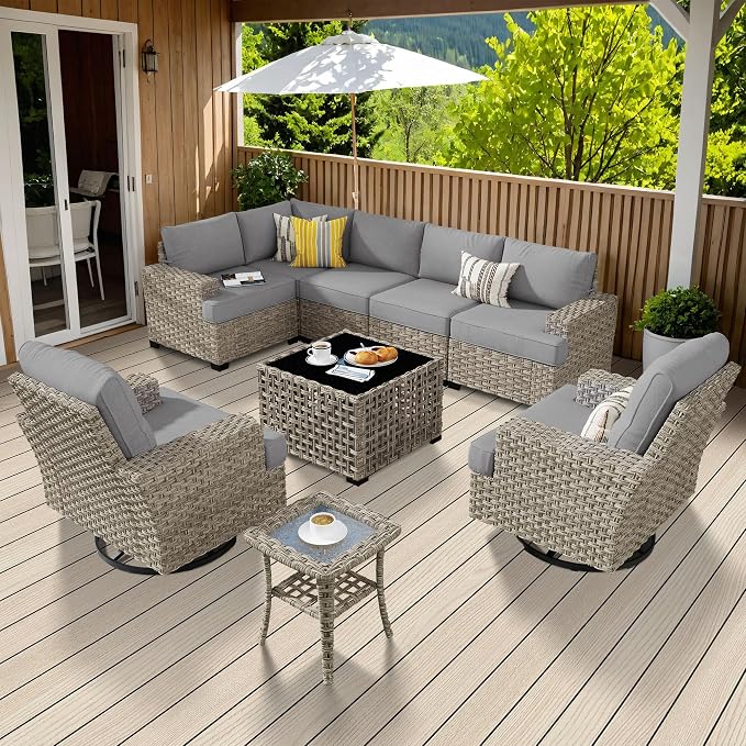 Weaxty 9 Pieces Patio Furniture Set, Outdoor Sectional Furniture Sofa Set w/Swivel Rocking Chairs Coffee Table, PE Wicker Modular Couch Conversation Set for Backyard Garden,Dark Gray