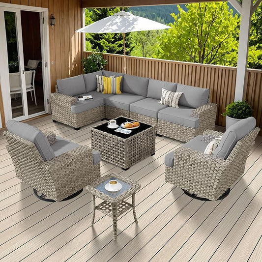 Weaxty 9 Pieces Patio Furniture Set, Outdoor Sectional Furniture Sofa Set w/Swivel Rocking Chairs Coffee Table, PE Wicker Modular Couch Conversation Set for Backyard Garden,Dark Gray