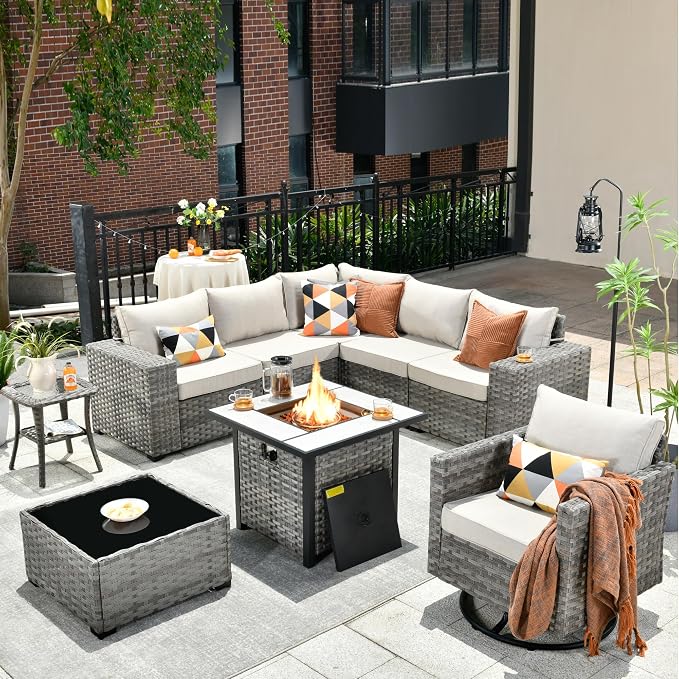HOOOWOOO 9 Piece Modular Patio Outdoor Sectional Furniture Set with Gas Propane Fire Pit Table,Wicker Conversation Sofa Set with Swivel Chairs,Outside Couch Set(Beige)
