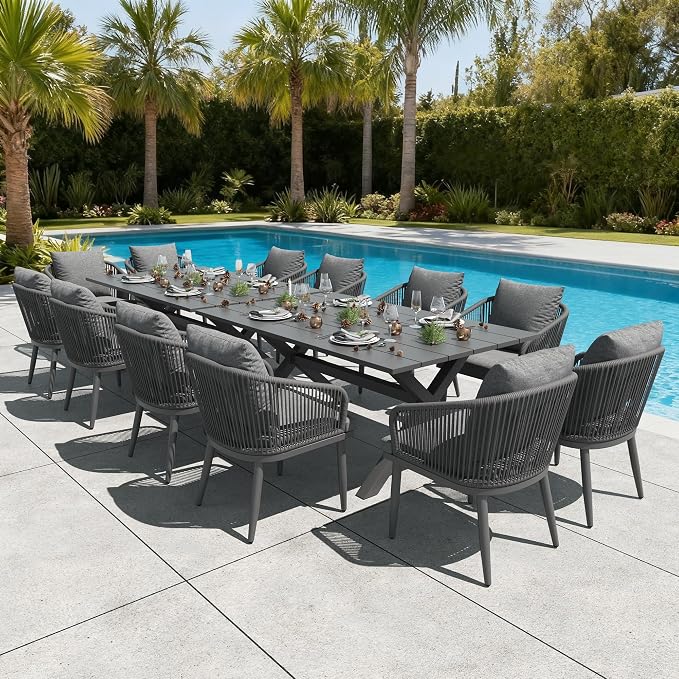 LayinSun 14 Pieces Outdoor Patio Dining Set, Aluminium Rectangular Dining Table and Wicker Rattan Chairs Set for Outside Backyard, Poolside