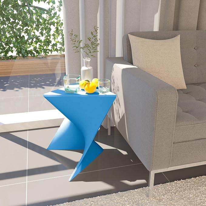 LeisureMod 15.75" Triangular Side Table, Stackable Plastic Accent End Table for Indoor & Outdoor Use, Weather-Resistant Modern Patio & Living Room Table, Set of 4, Blue