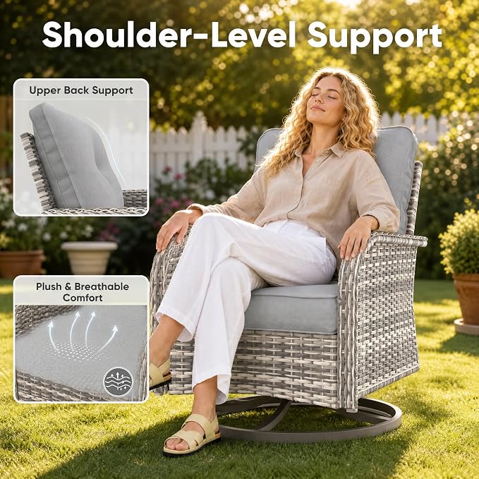 3-Piece Small Patio Furniture Set, Outdoor Swivel Rocking Chairs Set with Wicker Chairs and Tempered Glass Side Table, Outdoor Furniture Patio Bistro Set for Balcony, Deck, Porch