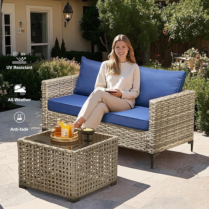 Outdoor Patio Furniture Sets,9 PCS Patio Conversation Set Outside Rattan Sectional Sofa with 42 in Fire Pit Table Wicker Rocking Chair Coffee Table Fit Backyard Porch Garden Poolside Balcony