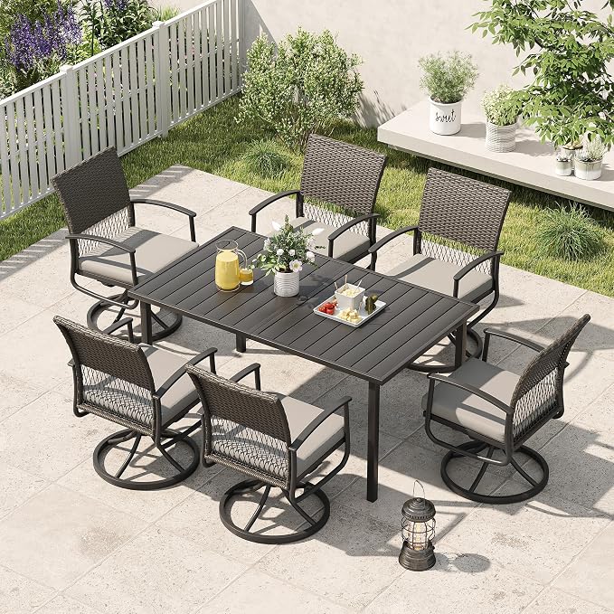 HAPPATIO 7-Piece Patio Dining Set with Wicker Swivel Patio Chairs | Outdoor Dining Set, Powder-Coated Rectangular Dining Table with Umbrella Hole, Removable Cushions for Outside Lawn, Garden,