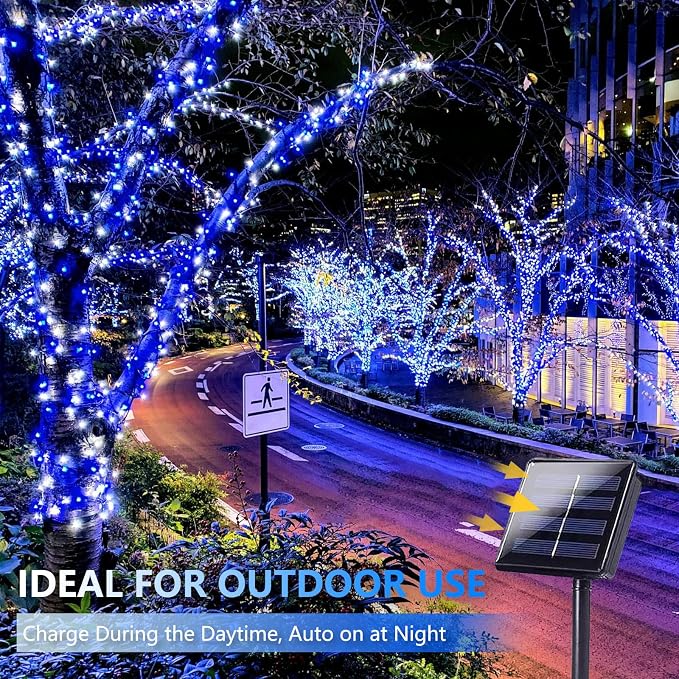 Solar Fairy Lights, 2 Pack Total 400LED 144FT Waterproof String Lights | Blue and White, Silver Wire, 8 Lighting Modes Solar Twinkle Lights for Tree Garden Patio Party Outdoor Christmas Decorations