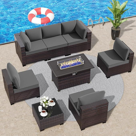 8 Pieces Outdoor Patio Furniture Set,Outdoor Sectional Furniture with 43" 55000 BTU Gas Propane Fire Pit Table,All Weather PE Rattan Wicker Patio Conversation Set,Grey