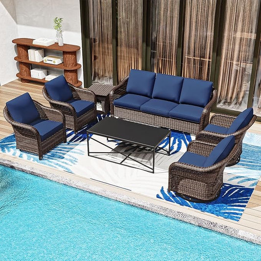 7 Pieces Patio Conversation Set, 78" Wicker 3-Seat Couch with Washable Cushions, 2 Glider Swivel Rocker Chairs, 2 Armchairs, Metal Table, Rattan Cat Bed End Table for Lawn (Navy Blue)