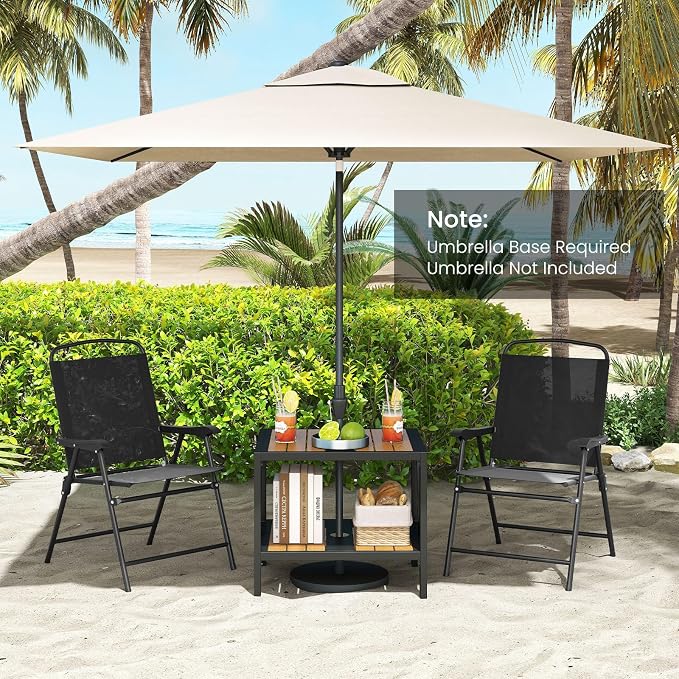 HAPPYGRILL Outdoor Side Table with Umbrella Hole 1.57”, 2-Tier Coffee Bistro End Table Umbrella Stand with Storage Shelf, for Backyard Poolside Garden (1)