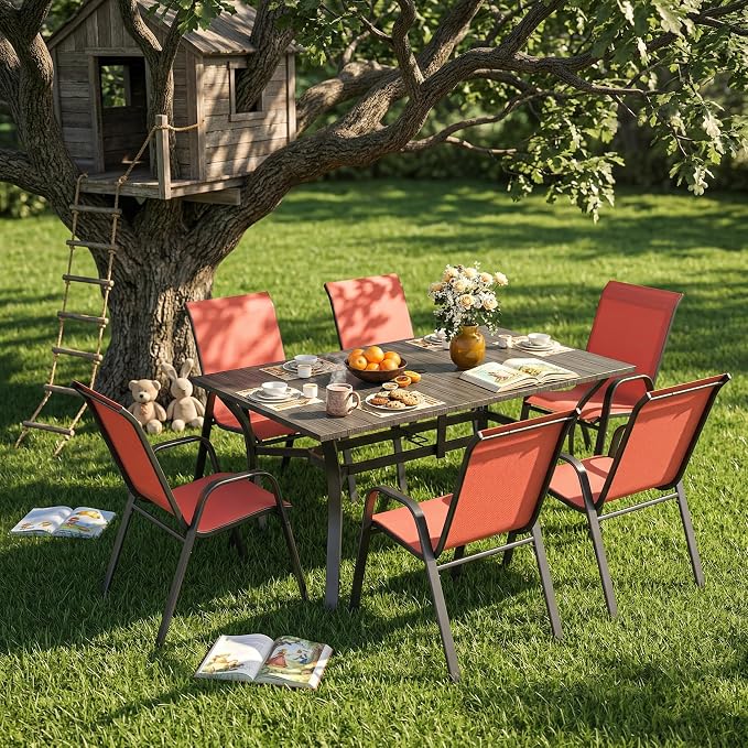 KEIKI 7-Piece Outdoor Patio Dining Set, Waterproof Patio Table and Chairs for 6, Rectangular Wood-Grain Metal Table with Umbrella Hole for Lawn Garden Backyard, Black+Red