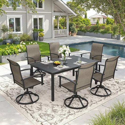 DIFY 7 Pieces Outdoor Dining Set, Metal Patio Table and Chairs Set for 6 with Umbrella Hole, 63" Black Rectangle Table and Brown Textilene Swivel Patio Chairs for Garden, Backyard, Poolside