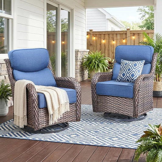 Luxury High Back Outdoor Swivel Rocker Patio Chairs with Side Table & 6-Inch Thick Cushions, 2 Pieces Patio Furniture Set for Porch, Balcony, Deck and Yard