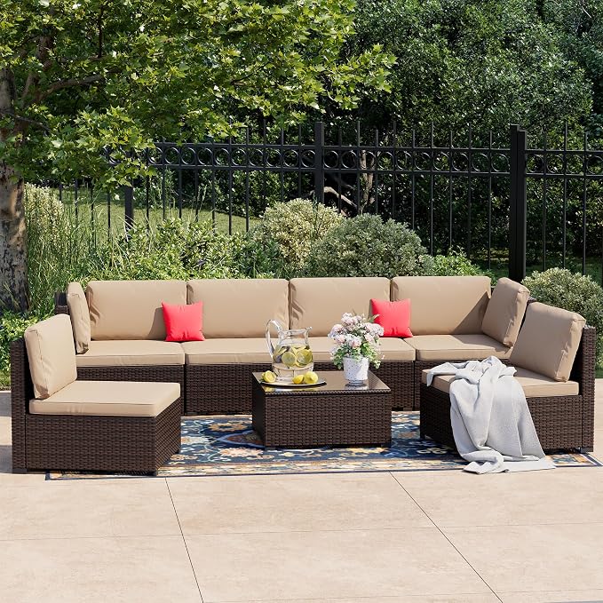 LHBcraft 7 Pieces Outdoor Furniture Set, Wicker Furniture Patio Conversation Sets with Tea Table and Thickened Beige Cushions, Outdoor Patio Sectional Sofa for Garden, Poolside, Backyard