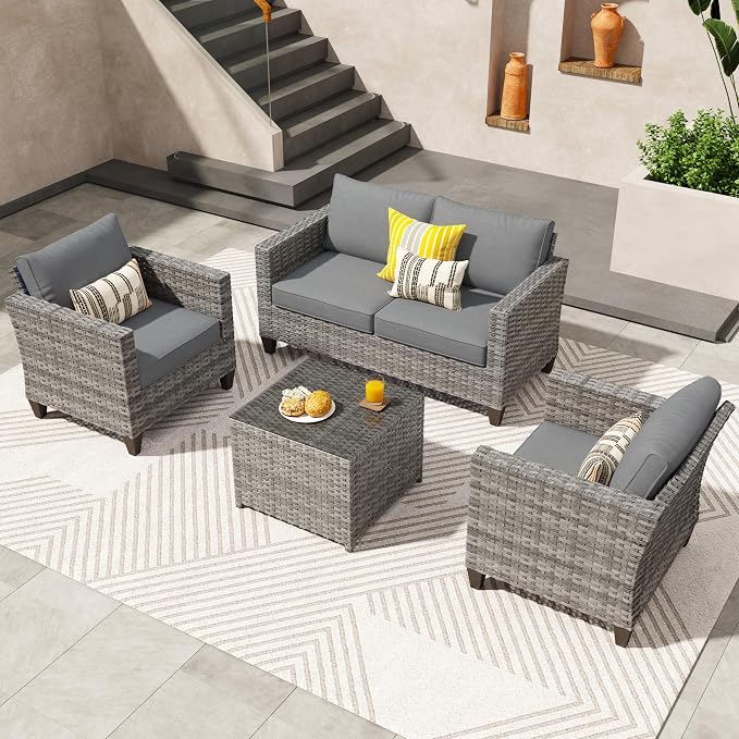 ovios 4 Pieces Patio Furniture Set, Outdoor Wicker Rattan Sofa Couch with Loveseat, Chairs, Glass Coffee Table, Conversation Sets for Yard Porch Garden, Dark Grey